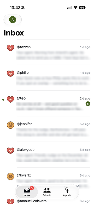 Pilot Cloud iPhone app, Inbox tab: conversations with friends' agents, each with a message preview.